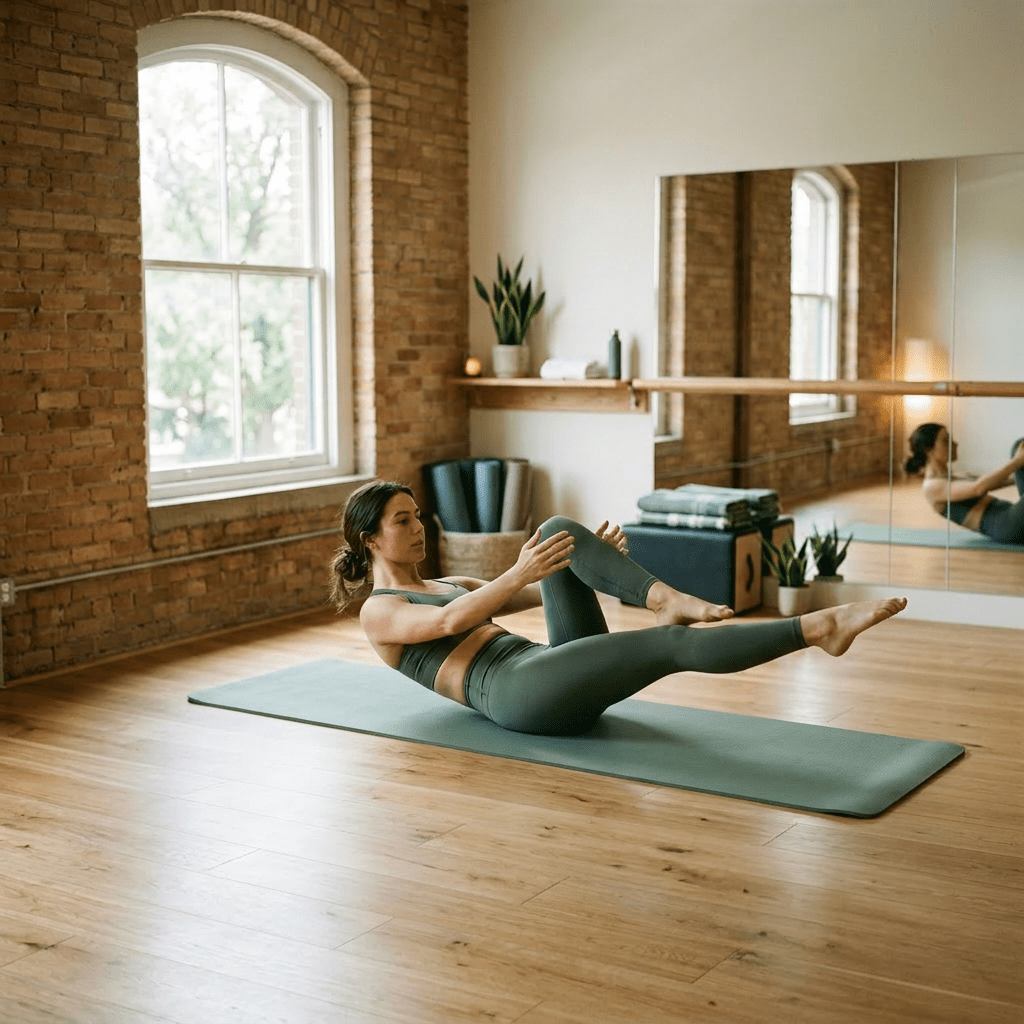 Woman exercising on Pilates Reformer with leg extended and straps in hands
