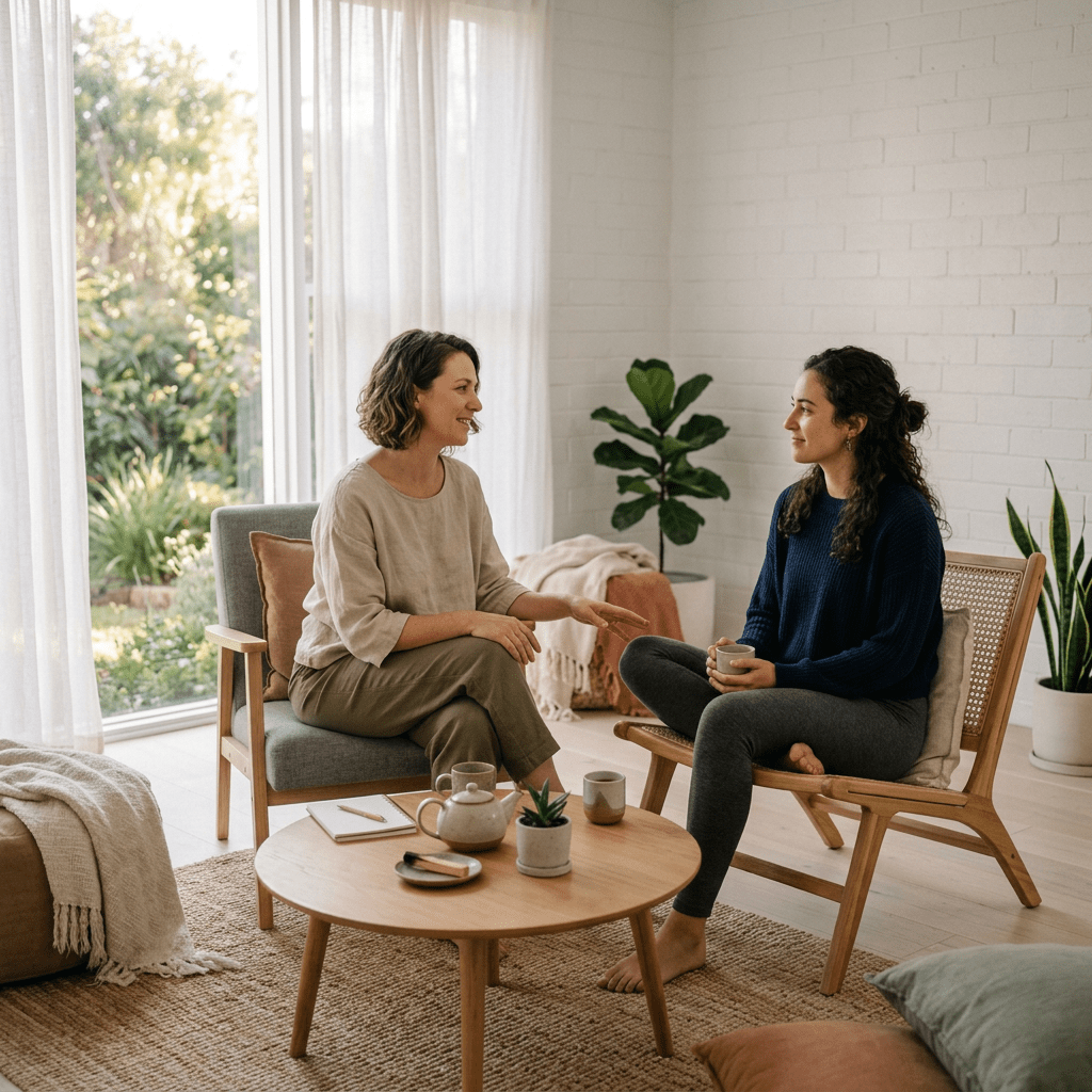 Two women sitting and talking in a comfortable, bright living room